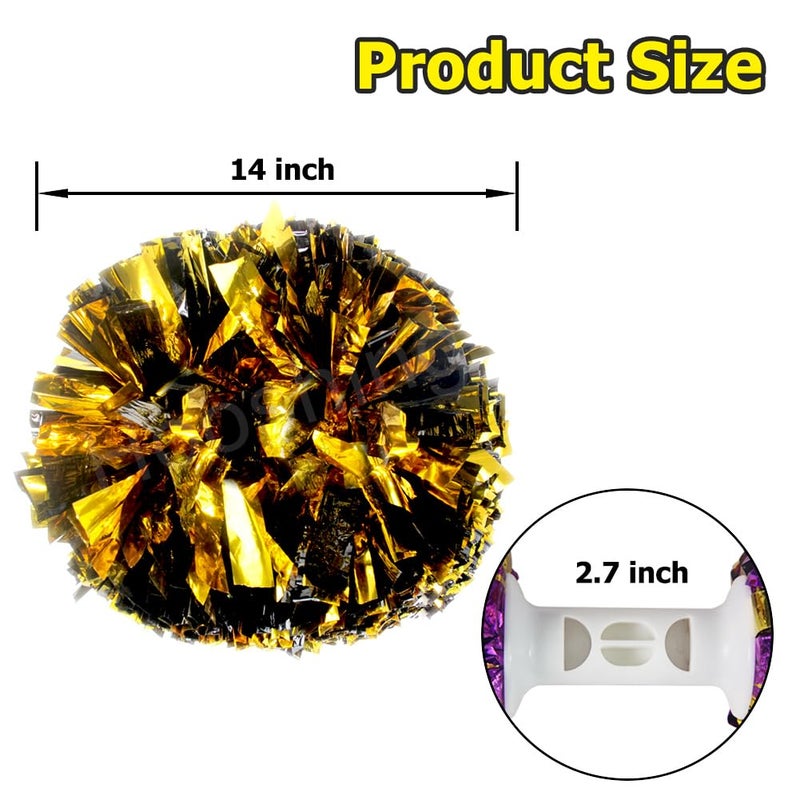 Hooshing 2PCS Gold and Black Pom Poms Cheerleading Metallic Cheer Pom Poms with Baton Handle for Sports Team Spirit Party Kids Adults - Image 2